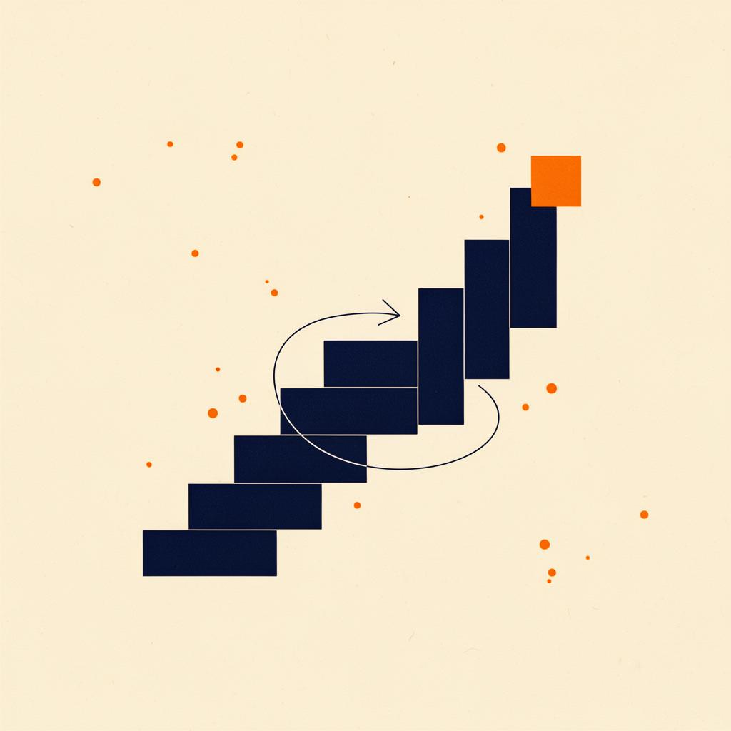 Editorial illustration of website growth — navy upward arrow with orange accent