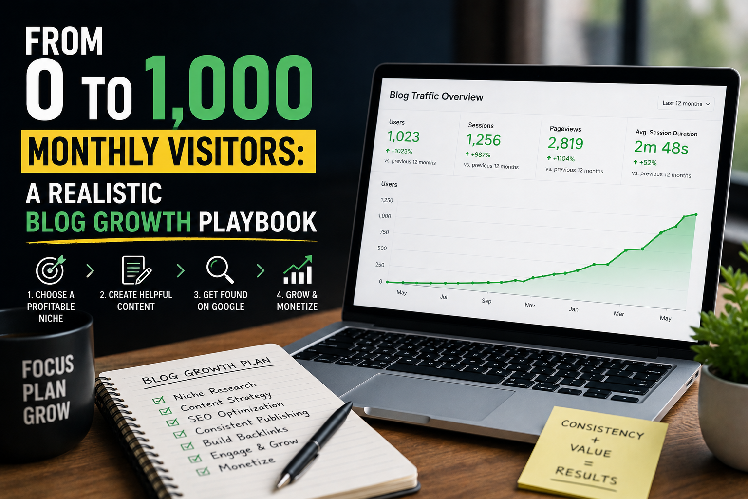 from 0 to 1,000 monthly visitors a realistic blog growth playbook