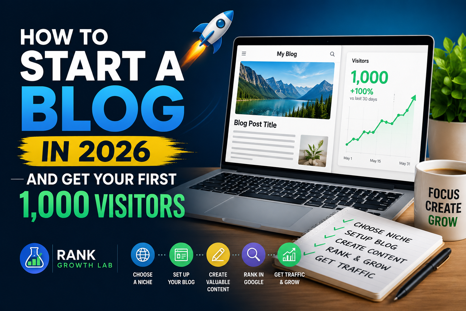 how to start a blog in 2026 and get your first 1,000 visitors — rank growth lab